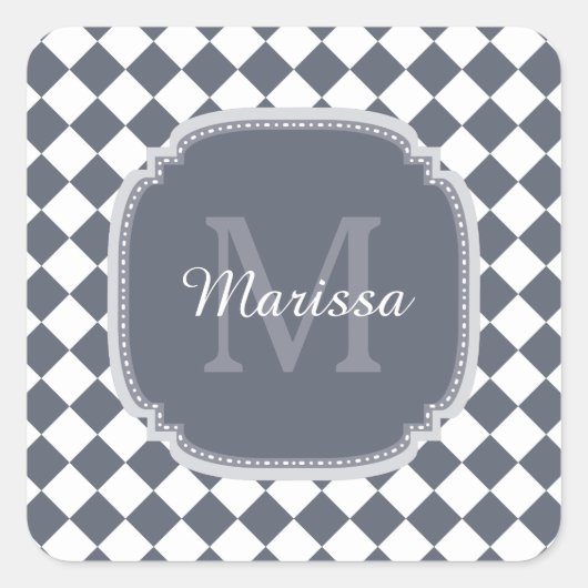 Trendy, grau und weiß, Mit Monogramm Name geprüft Quadratischer Aufkleber (Vorderseite)