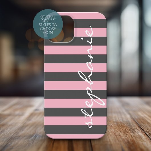 Trendy Gray Blush Pink Striping Muster Name Case-Mate iPhone Hülle