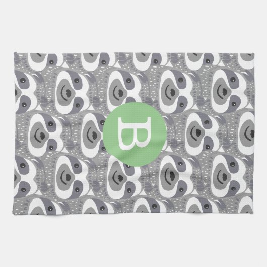 Trendy Gray Sloth Doodles | Monogramm Geschirrtuch (Horizontal)