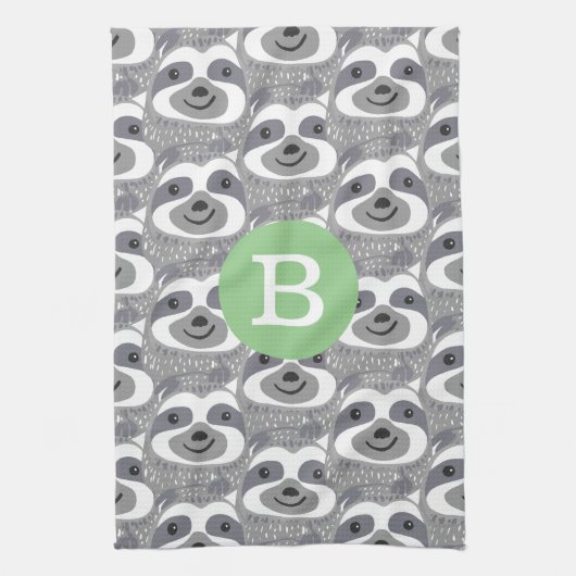 Trendy Gray Sloth Doodles | Monogramm Geschirrtuch (Vertikal)