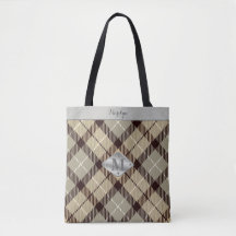 Trendy Gray Tartan Metallic Monogram Name Teacher