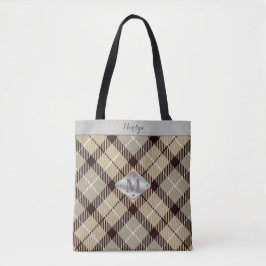 Trendy Gray Tartan Metallic Monogram Name Teacher Tasche