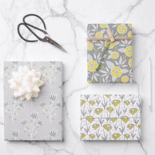 Trendy Gray und Yellow Florals Geschenkpapier Set