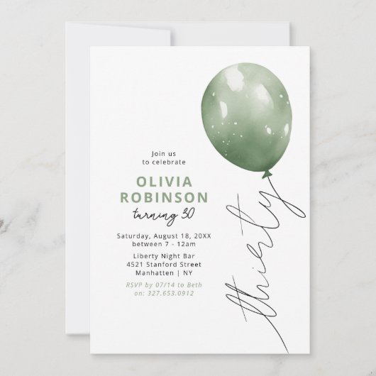 Trendy Green Balloon 30th Birthday Einladung (Vorderseite)