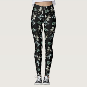 Trendy Green Black Botanical Blätter Leggings