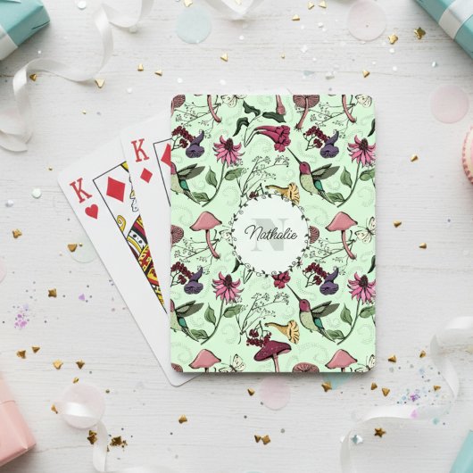 Trendy Green Blume & Hummingbird Monogram Spielkarten