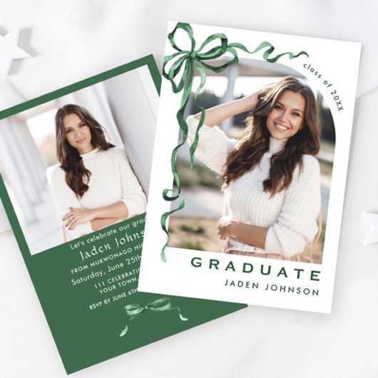 Trendy Green Bow Ribbon 2 FOTO Graduation Party Einladung