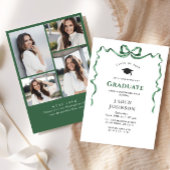 Trendy Green Bow Ribbon 4 FOTO Graduation Party Einladung