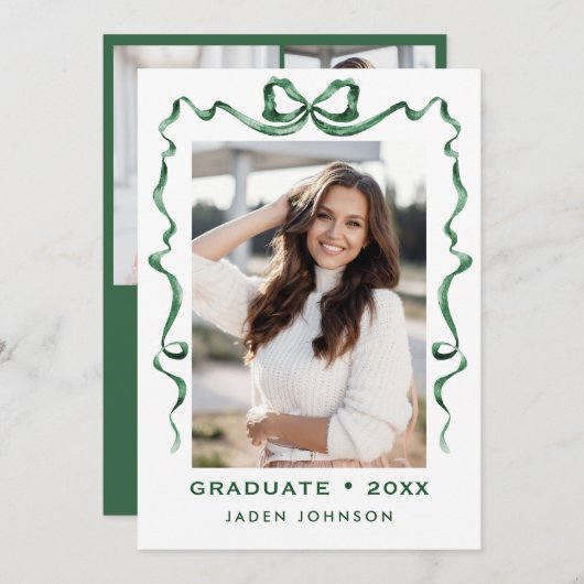 Trendy Green Bow Ribbon 4 FOTO Graduation Party Einladung (Vorne/Hinten)