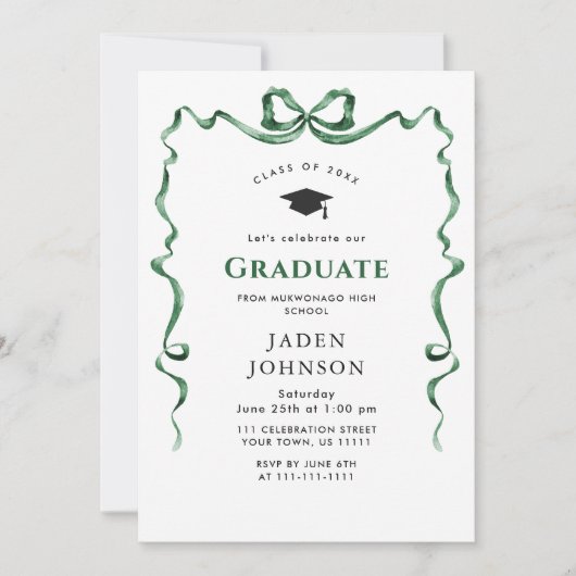 Trendy Green Bow Ribbon FOTO Graduation Party Einladung (Vorderseite)