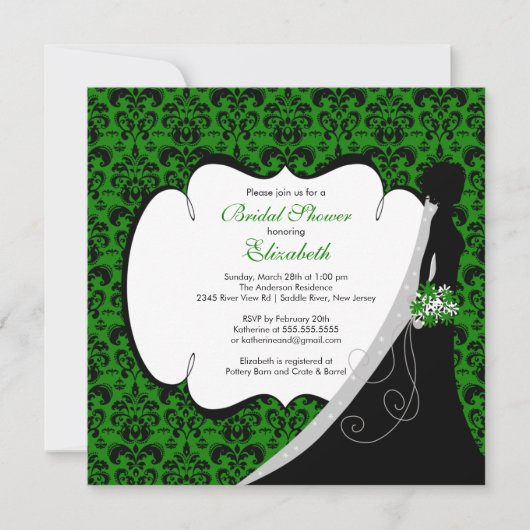 Trendy Green Damask Bridge Brautparty Einladung (Vorderseite)
