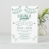 Trendy Green Doodle Double Graduation Party Einladung (Stehend Vorderseite)