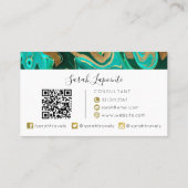 Trendy Green & Gold Liquid Marble QR Code Visitenkarte (Rückseite)