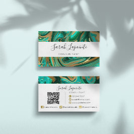 Trendy Green & Gold Liquid Marble QR Code Visitenkarte