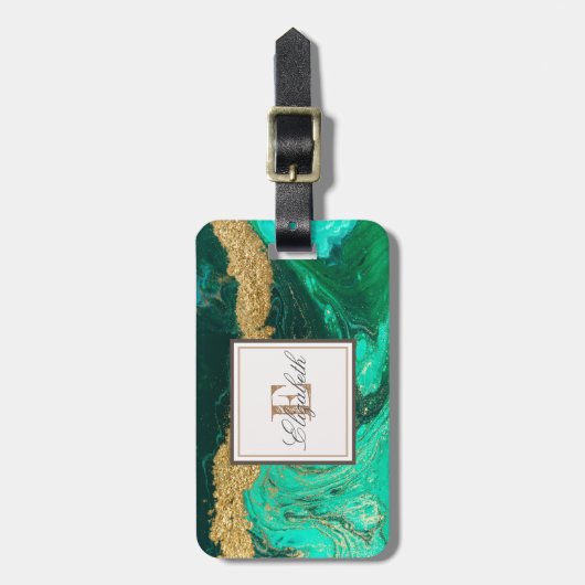 Trendy Green Gold Stone Marmortextur, Monogramm Gepäckanhänger (Vorderseite vertikal)
