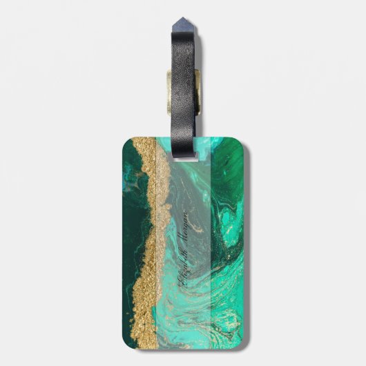 Trendy Green Gold Stone Marmortextur, Monogramm Gepäckanhänger (Rückseite vertikal)