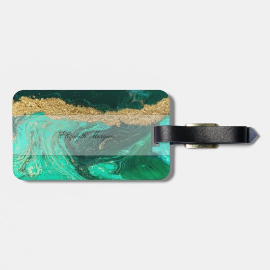 Trendy Green Gold Stone Marmortextur, Monogramm Gepäckanhänger (Rückseite horizontal)