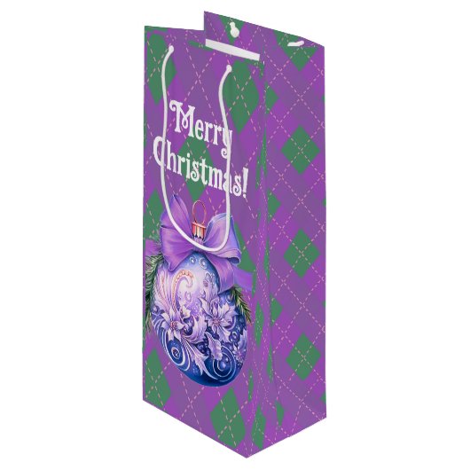 Trendy Green Lila Karierte Weihnachtsschmuck Geschenktüte Für Weinflaschen (Vorderseite Schrägansicht)