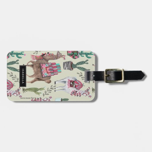 Trendy green Llamas Cactus | Urlaub Gepäckanhänger (Vorderseite horizontal)