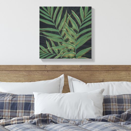 Trendy Green Palm Blätter Gold Strikes Gray Design Leinwanddruck (Insitu (Schlafzimmer))