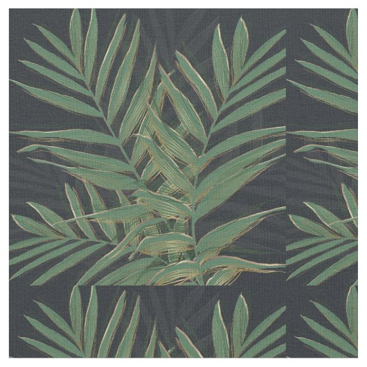 Trendy Green Palm Blätter Gold Strikes Gray Design Stoff (Nahaufnahme)