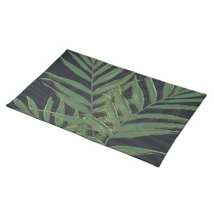 Trendy Green Palm Blätter Gold Strikes Gray Design Stofftischset