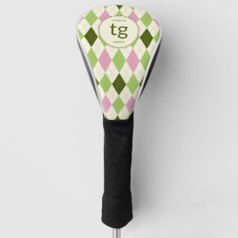 Trendy Green & Pink Argyle Pattern Modern Monogram Golf Headcover