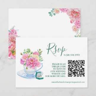 Trendy Green & Pink Watercolor Floral Qr Code RSVP Karte
