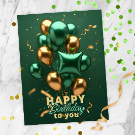 Trendy Green und Gold Balloon Geburtstagsfeier Postkarte