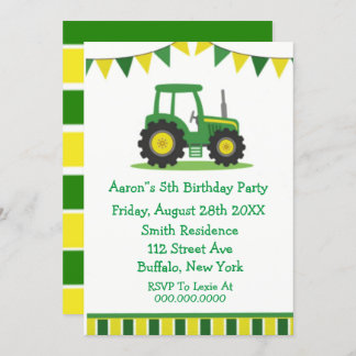 Trendy Green Yellow Tractor Boy Birthday Party Einladung