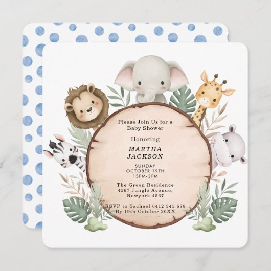 Trendy Greenery Jungle Safari Animals Baby Shower Einladung (Vorne/Hinten)