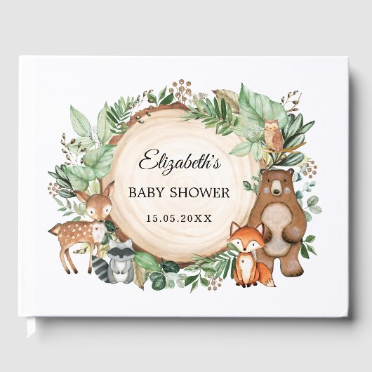 Trendy Greenery Woodland Animals Baby Shower Gästebuch (Vorderseite)