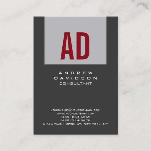 Trendy Grey Strip Red Monogram Business Card Visitenkarte (Vorderseite)