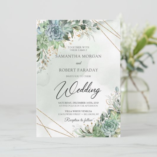 Trendy grüne succulent eucalyptus goldene Hochzeit Einladung (Stehend Vorderseite)