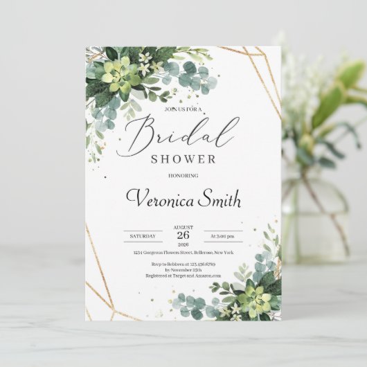 Trendy grüne sukkulentes Goldrahmen-Brautparty Einladung (Stehend Vorderseite)