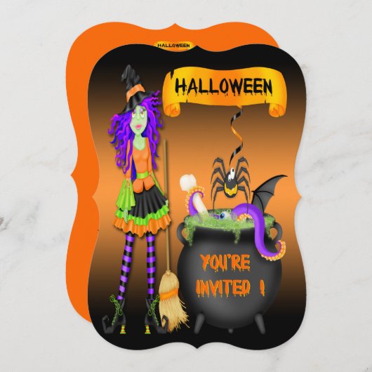 Trendy Halloween Hexe Cauldron Bracket Style Invi Einladung (Vorne/Hinten)