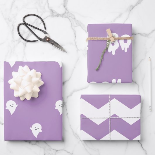 Trendy Halloween Niedlich Pastel Lila Boo Ghost 3 Geschenkpapier Set (Vorderseite)