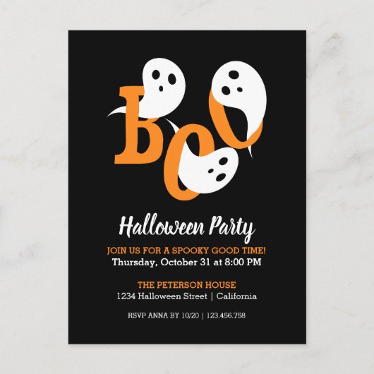 Trendy Halloween-Party Boo Ghosts Black Einladung Postkarte (Vorderseite)