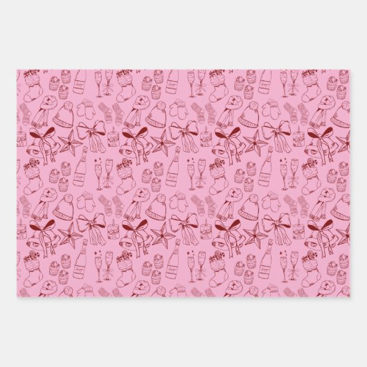 Trendy Hand Drawing Monochrome Rot & Weiß Xmas Geschenkpapier Set (Vorderseite 2)