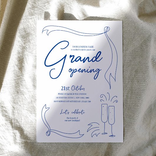 Trendy Hand Drawn Blue Business Logo Grand Opening Einladung