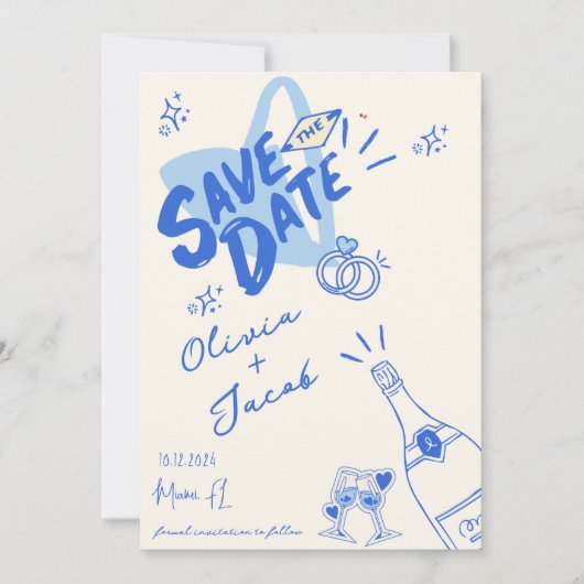 Trendy Hand Drawn Blue Scribble Fun Save the Date Einladung (Vorderseite)