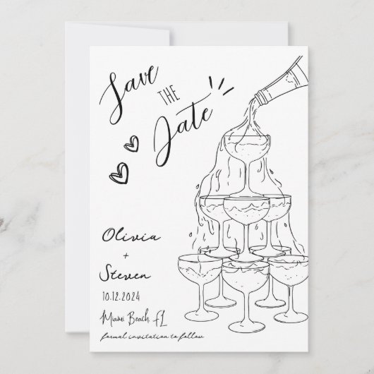 Trendy Hand Drawn Champagner Tower Save the Date Einladung (Vorderseite)