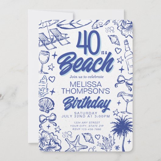 Trendy Hand Drawn Doodle 40 ist ein Strand Geburts Einladung (Vorderseite)