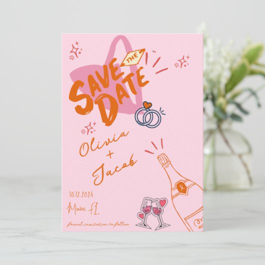 Trendy Hand Drawn Pink Scribble Fun Save the Date Einladung (Stehend Vorderseite)
