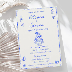Trendy Hand Drawn Quirky Scribble Blue Wedding Einladung