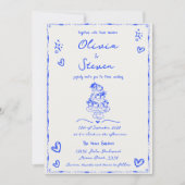 Trendy Hand Drawn Quirky Scribble Blue Wedding Einladung (Vorderseite)
