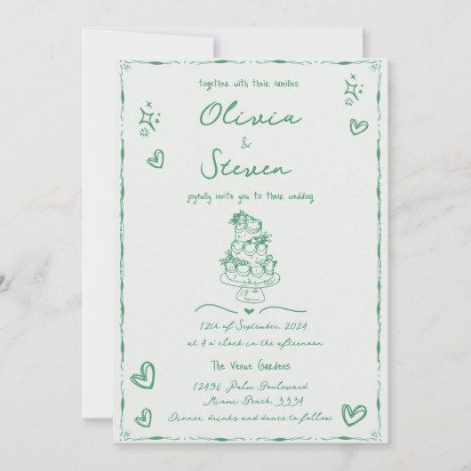 Trendy Hand Drawn Quirky Scribble Sage Wedding Einladung (Vorderseite)