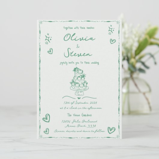 Trendy Hand Drawn Quirky Scribble Sage Wedding Einladung (Stehend Vorderseite)