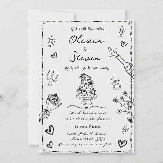 Trendy Hand Drawn Quirky Scribble Wedding Einladung (Vorderseite)