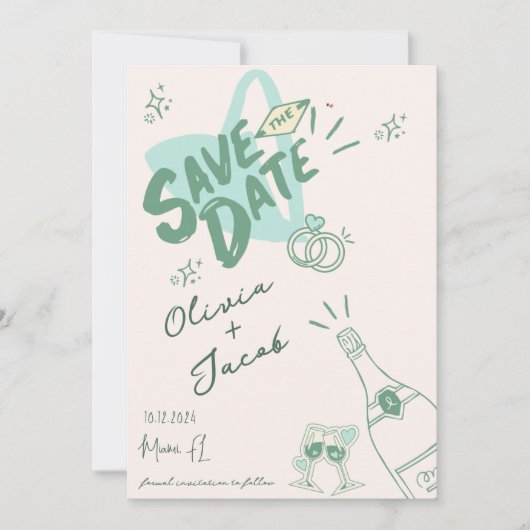 Trendy Hand Drawn Sage Scribble Fun Save the Date Einladung (Vorderseite)
